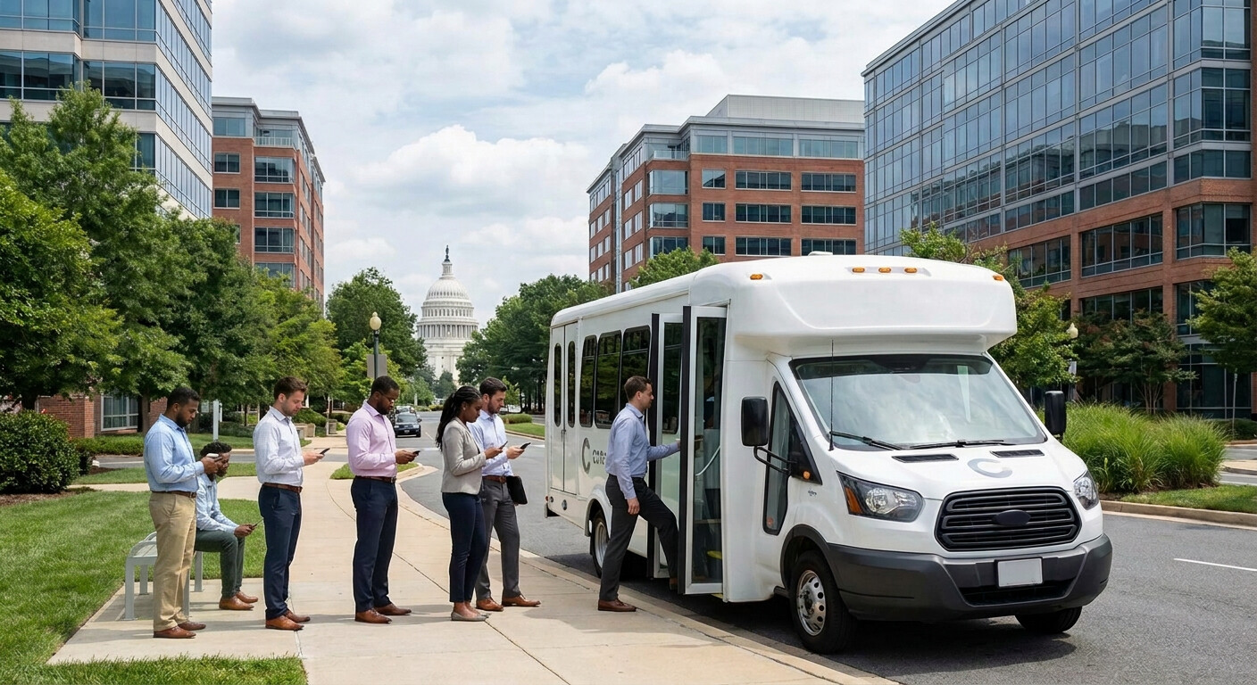 Electric corporate shuttle bus in a DC office park, representing sustainable transportation solutions