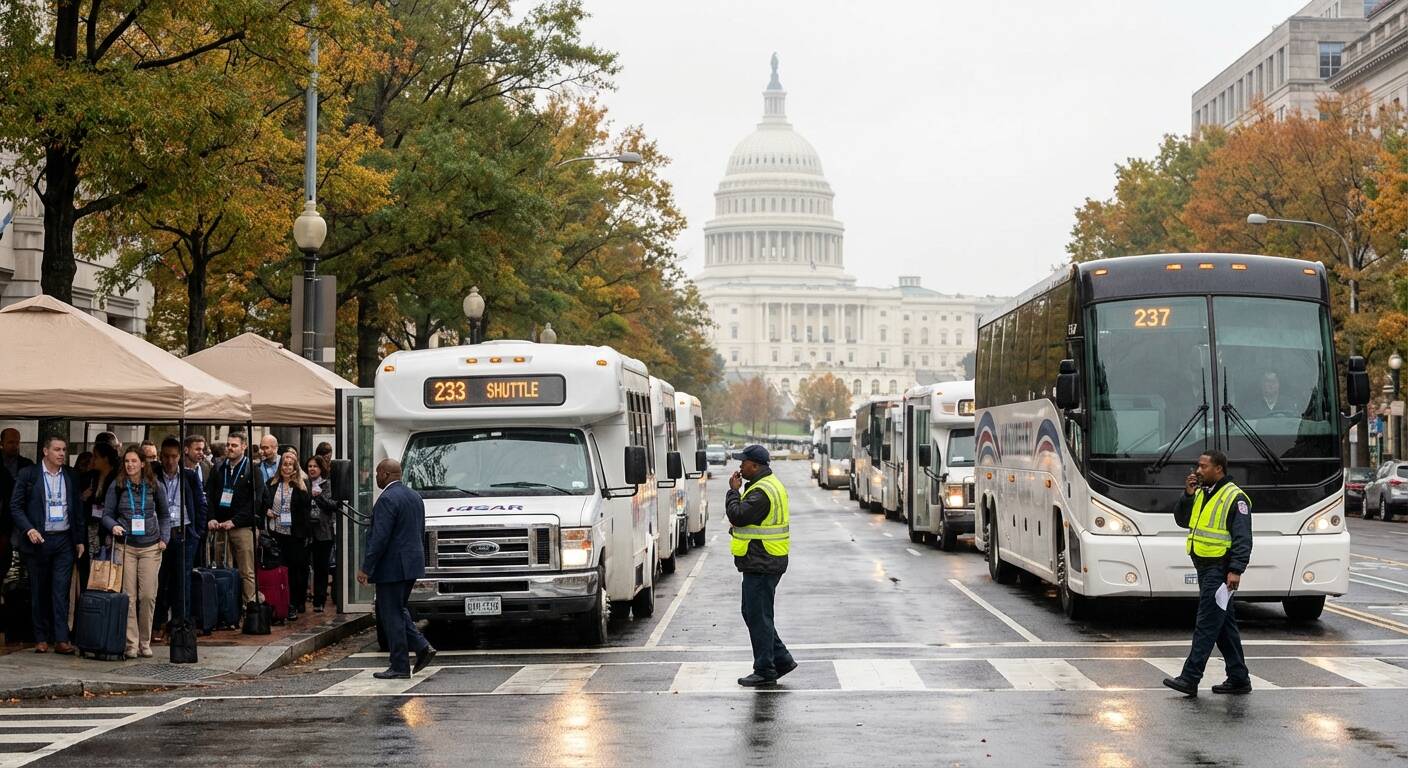 Shuttle bus coordinating multi-stop hotel routes for conferences in Washington DC