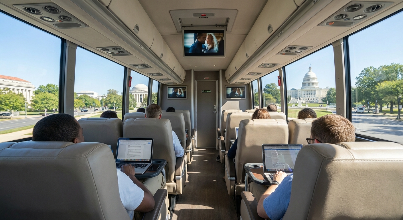 Spacious storage compartments on a charter bus for comfortable long DC routes