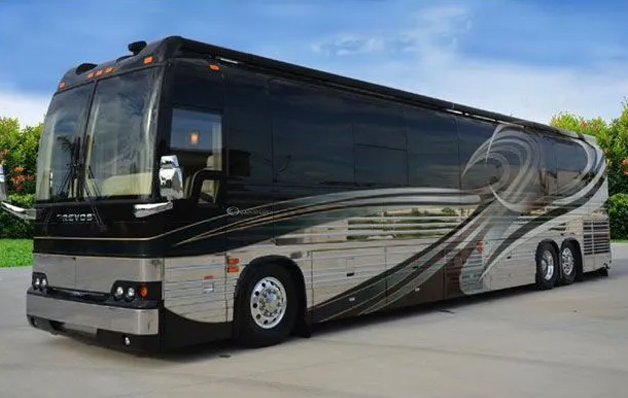 A large white bus parked in a lot for corporate travel in Washington, DC